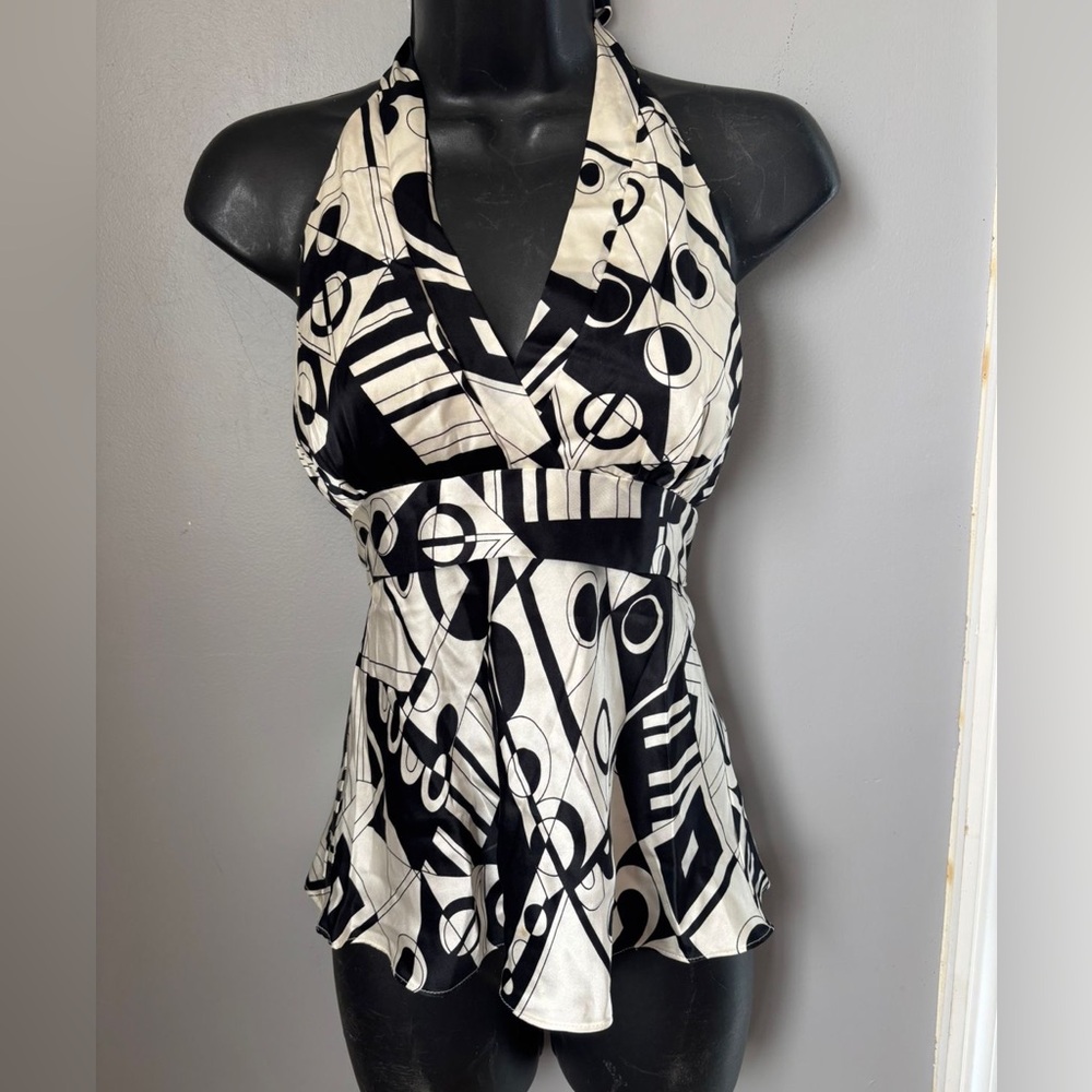 Chic Black and White Y2K Abstract 100% silk carmeuse halter Top size M